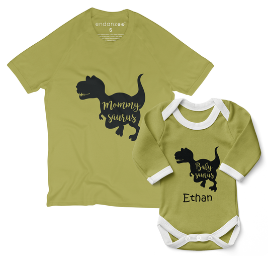 Personalized Matching Mom & Baby Organic Outfits - Dinosaurus Family (Green)