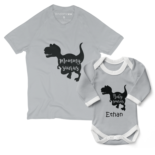 Personalized Matching Mom & Baby Organic Outfits - Dinosaurus Family (Grey)