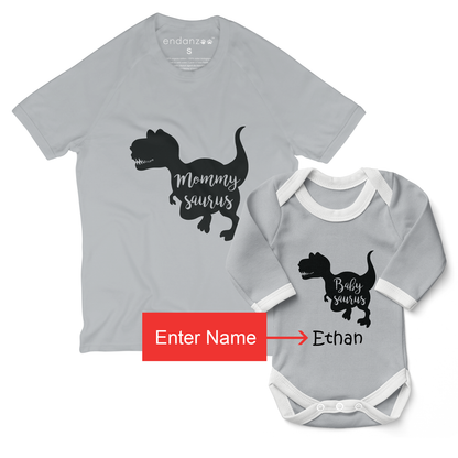 Personalized Matching Mom & Baby Organic Outfits - Dinosaurus Family (Grey)