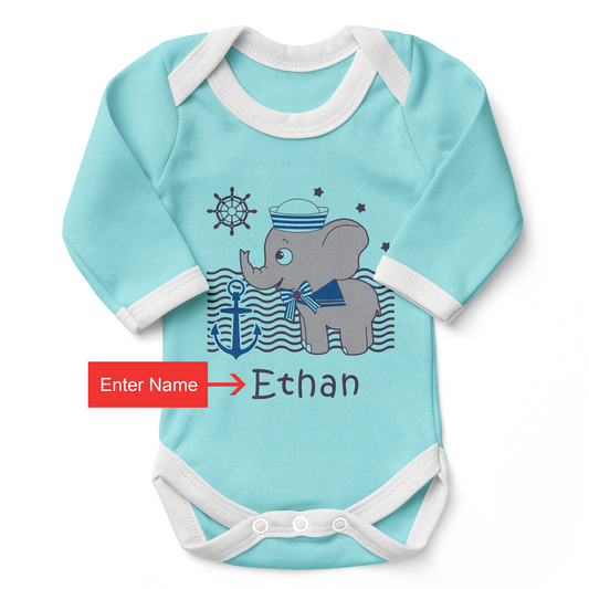 [Personalized] Nautical Elephant Organic Baby Bodysuit