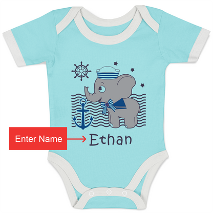 Personalized Organic Baby Bodysuit - Nautical Elephant (Aqua / Short Sleeve)