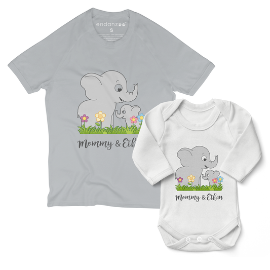 Personalized Matching Mom & Baby Organic Outfits - Elephant Family (Boy)