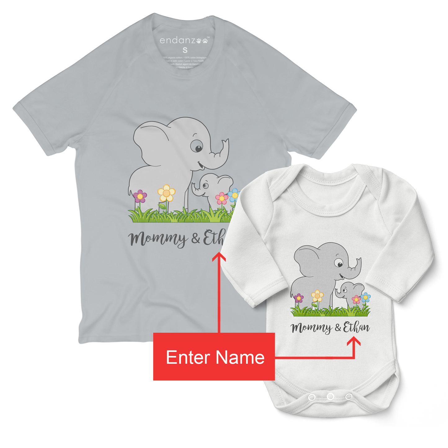 Personalized Matching Mom & Baby Organic Outfits - Elephant Family (Boy)
