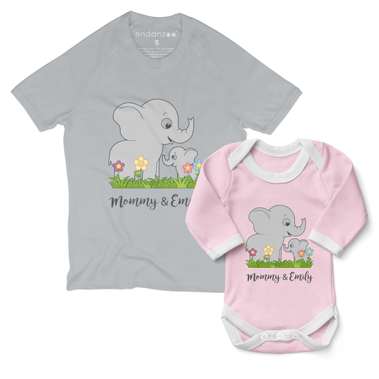 Personalized Matching Mom & Baby Organic Outfits - Elephant Family (Girl)