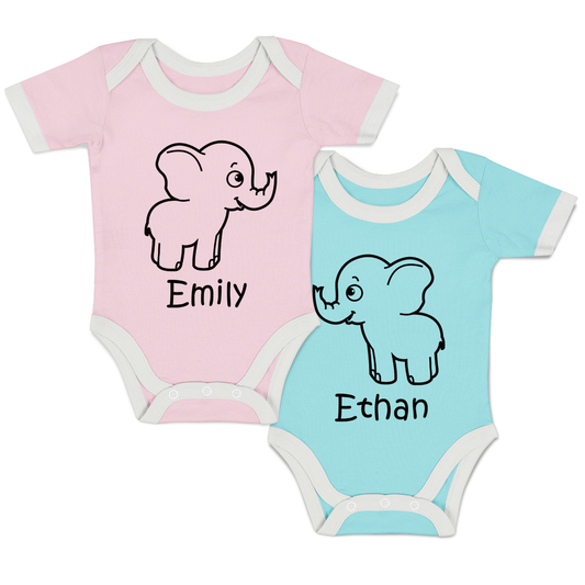 Personalized Organic Baby Bodysuit Set - TWIN Little Elephants (Blue & Pink)