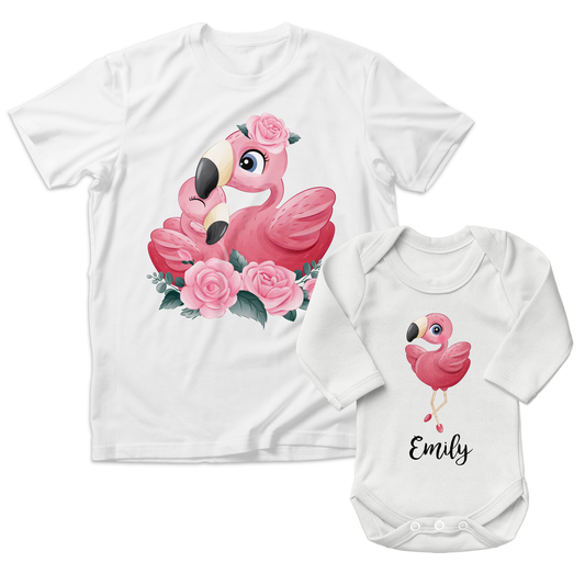 Personalized Matching Mom & Baby Organic Outfits - Flamingo Family (White)