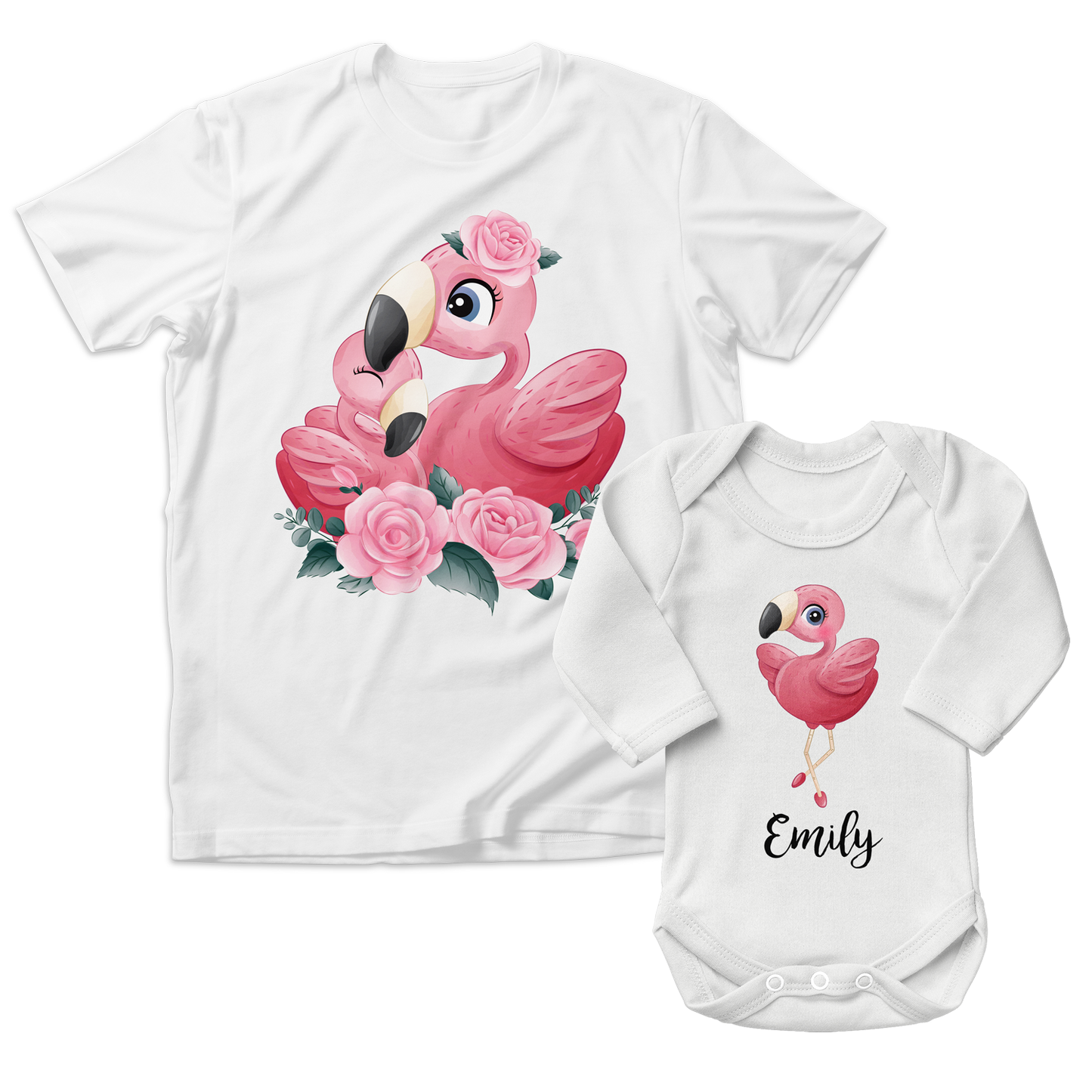 Personalized Matching Mom & Baby Organic Outfits - Flamingo Family (White)