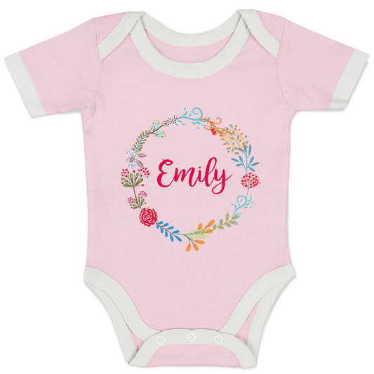 Personalized Organic Baby Bodysuit - Floral Round (Pink / Short Sleeve)