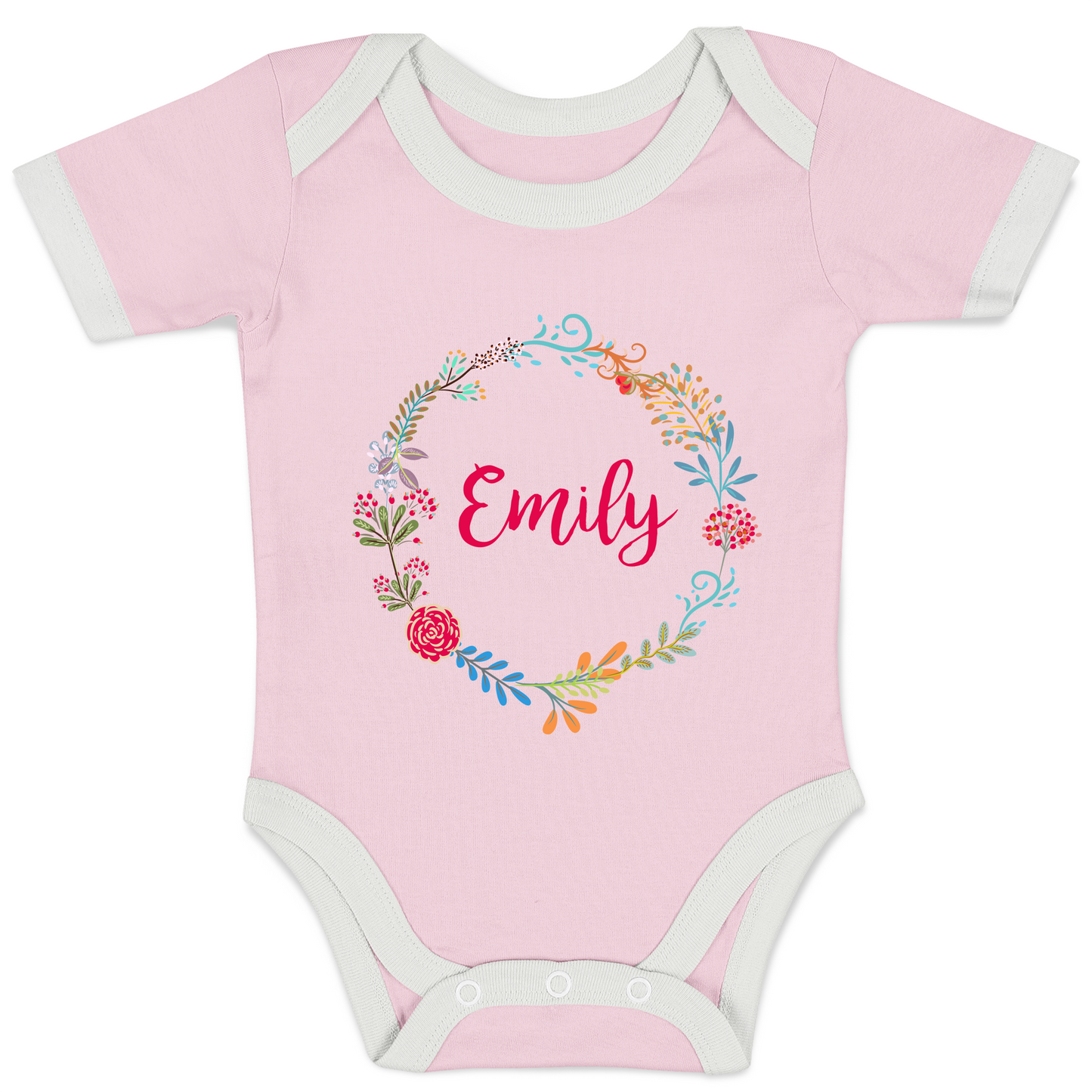 Personalized Organic Long Sleeve Baby Bodysuit - Floral Round (Pink)