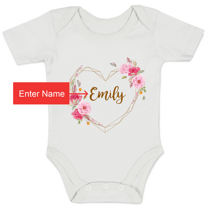 Personalized Organic Baby Bodysuit - Floral Love  (White / Short Sleeve)
