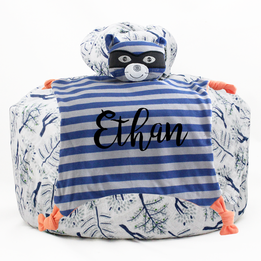 Wrapped with Muslin Swaddle Blanket (Blue Forest) + Blankie Toy (Robbie Raccoon)