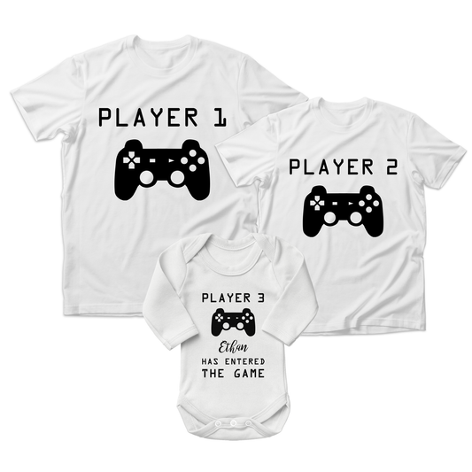 [Personalized] Matching Family Organic T-Shirts I Pregnancy Announcement Outfits - Gamers (White)