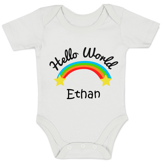 Personalized Organic Baby Bodysuit - Hello World (White / Short Sleeve)