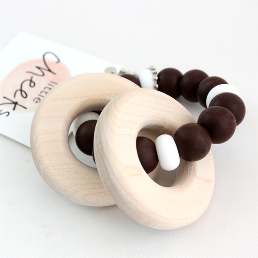 Little Cheeks Original Wooden Ring Rattle Silicone Teether - Brown