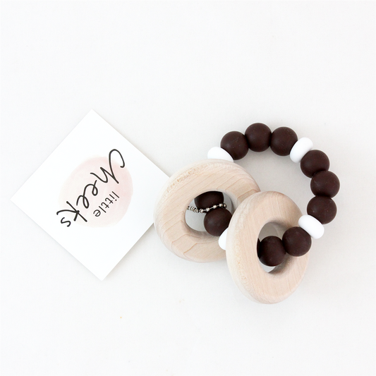 Little Cheeks Original Wooden Ring Rattle Silicone Teether - Brown