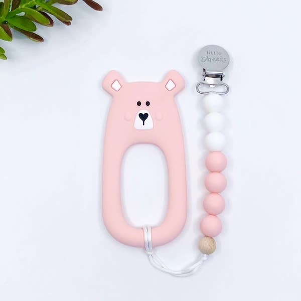 Little Cheeks Little Cheeks Silicone Teether with Clips - Pink Bear – Baby Joy Canada