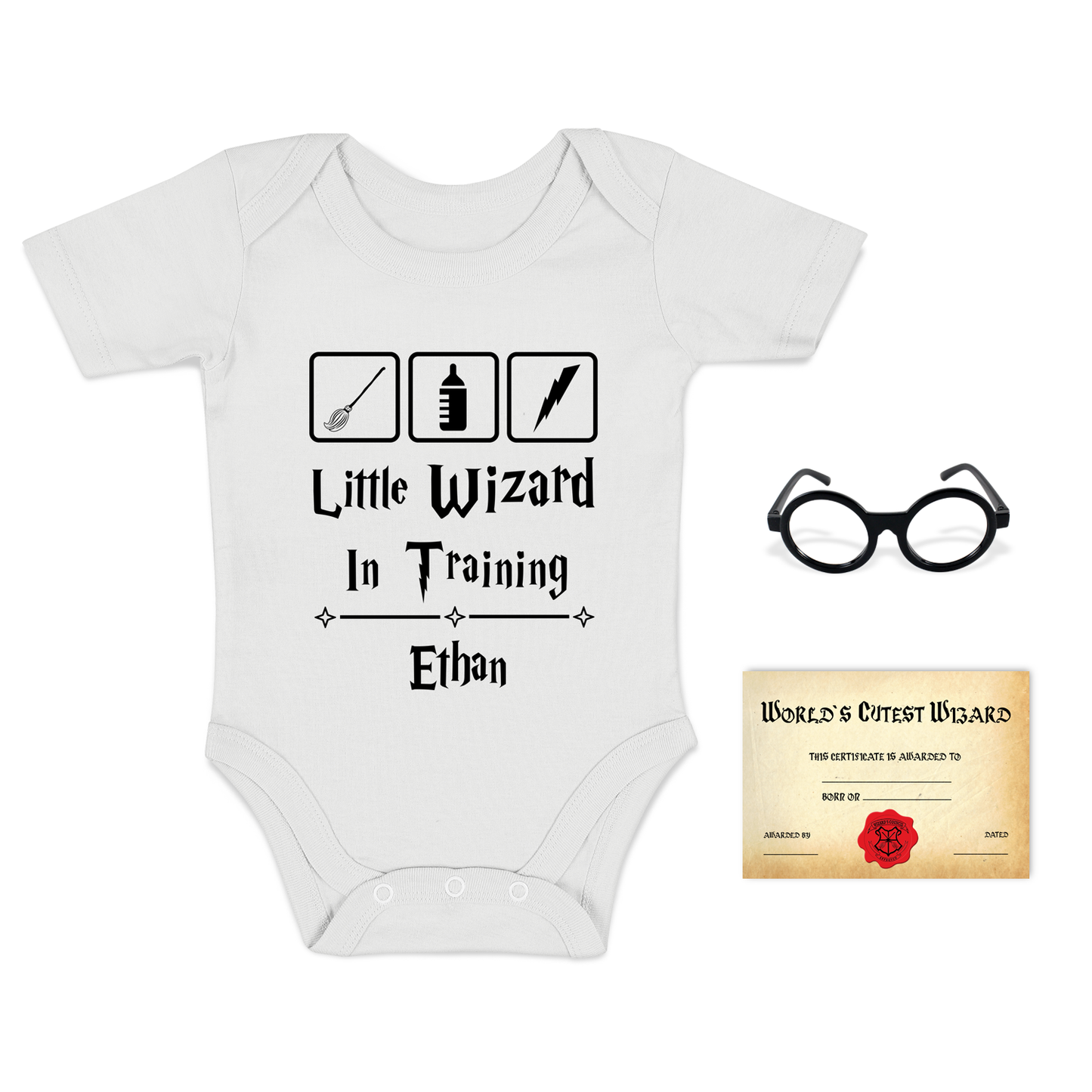 [Personalized] Endanzoo Baby Gift Bundle I Organic Baby Onesie & Photo Props - Little Wizard in Training