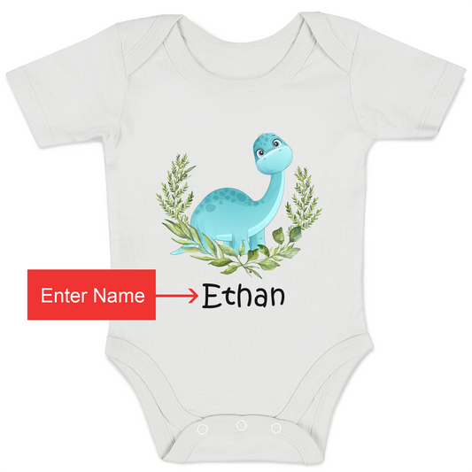 [Personalized] Organic Short Sleeves Baby Bodysuit- Little Dinosaurs