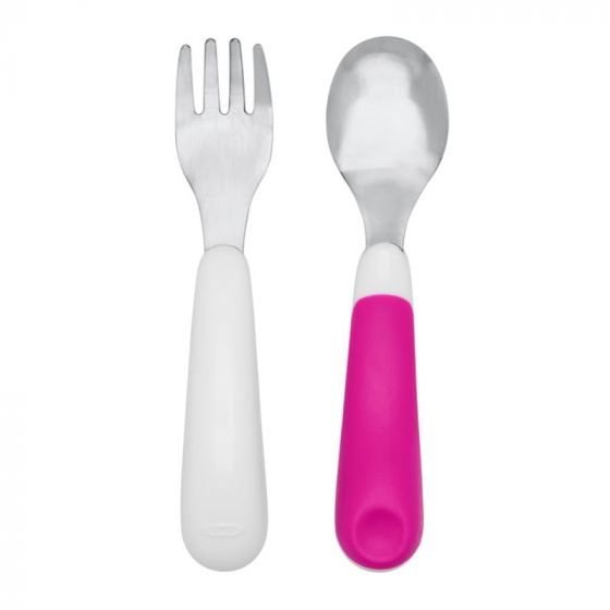 Oxo Tot Travel On-The-Go Toddler Feeding Spoon and Fork Utensil with Travel Case - White N Pink