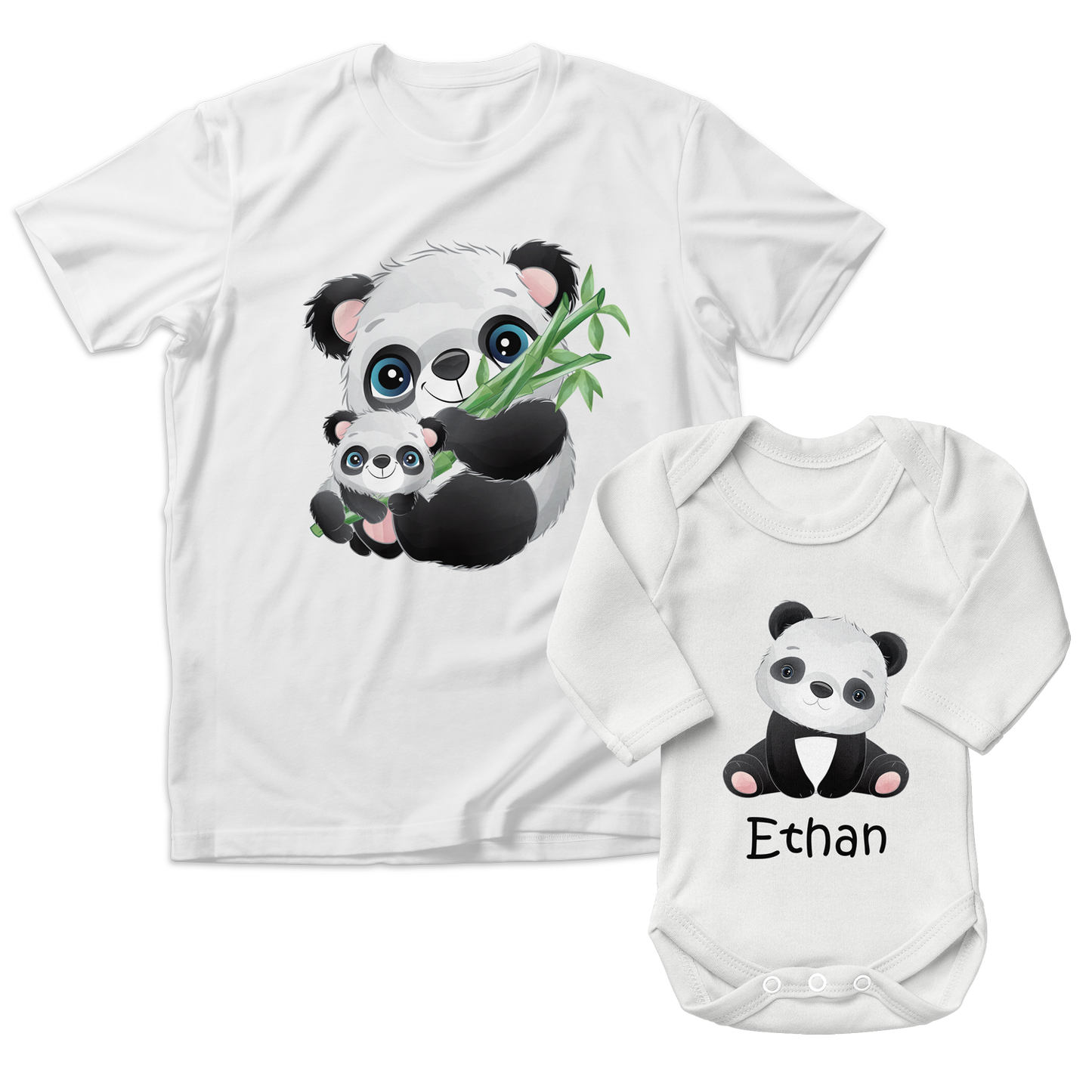 Personalized Matching Mom & Baby Organic Outfits - Panda Family (White)
