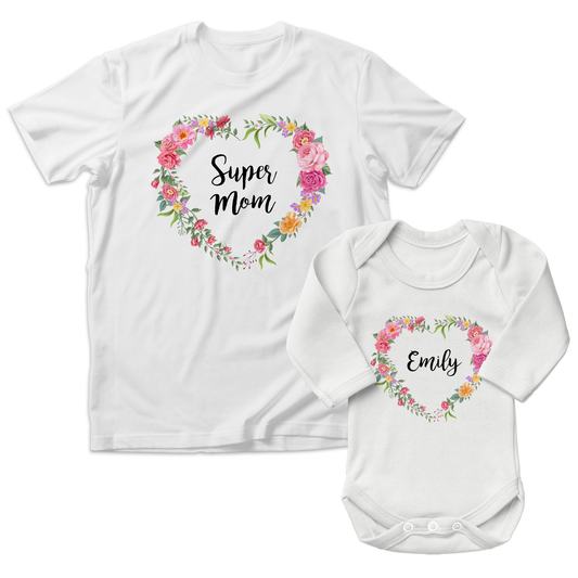 Personalized Matching Mom & Baby Organic Outfits - Super Mom Floral (White)