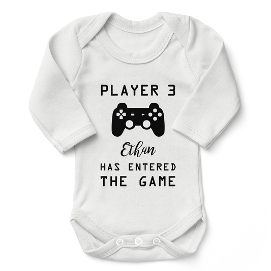 [Personalized] Player 3 Pregnancy Announcement Funny Organic Long Sleeve Baby Bodysuit