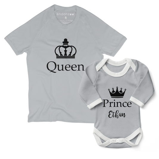 Personalized Matching Mom & Baby Organic Outfits - Queen & Prince (Grey)