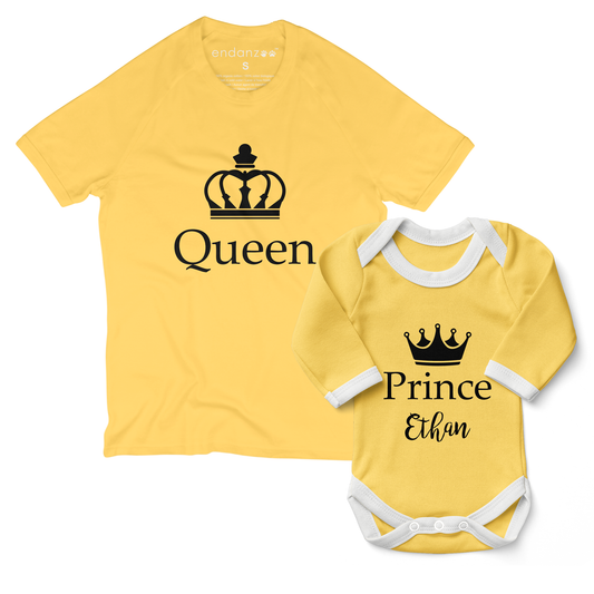 Personalized Matching Mom & Baby Organic Outfits - Queen & Prince (Yellow)