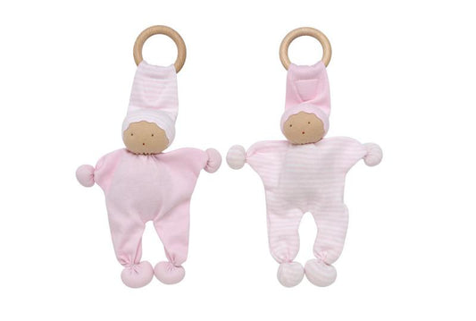 Under The Nile Organic Cotton Teether Toy with Wooden Ring - Pink (Twin Pack)