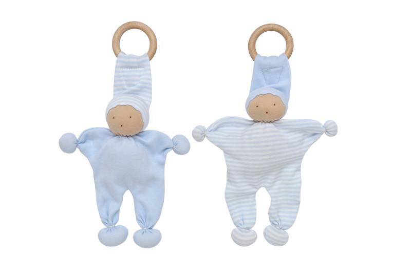 Under The Nile Organic Cotton Teether Toy with Wooden Ring - Blue (Twin Pack)