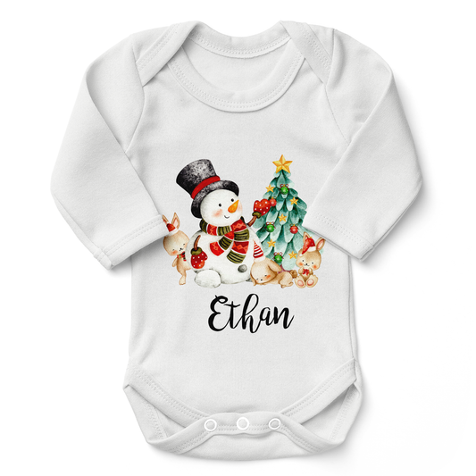 [Personalized] Christmas Snowman & Friends Organic Long Sleeves Baby Bodysuit