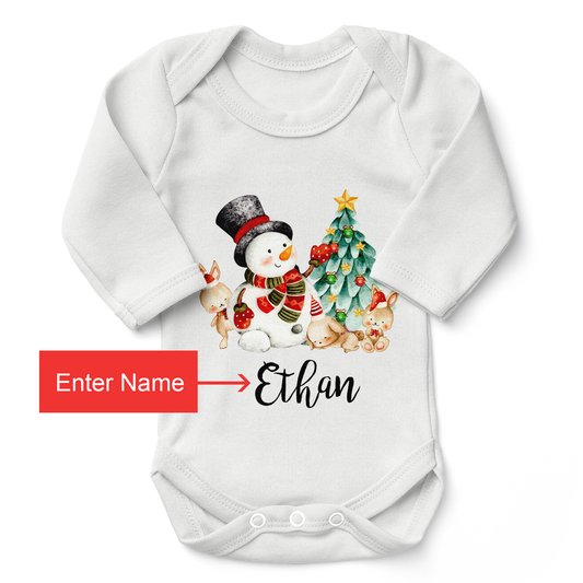[Personalized] Christmas Snowman & Friends Organic Long Sleeves Baby Bodysuit