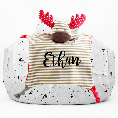 Wrapped with Muslin Swaddle Blanket (Sparrow) + Blankie Toy (Red Moose)