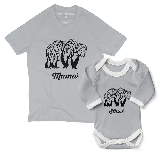 Personalized Matching Mom & Baby Organic Outfits - Tree Bear (Grey)
