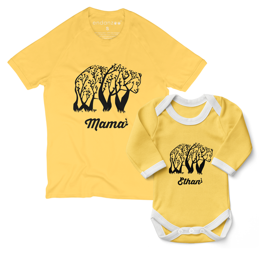 Personalized Matching Mom & Baby Organic Outfits - Tree Bear (Yellow)