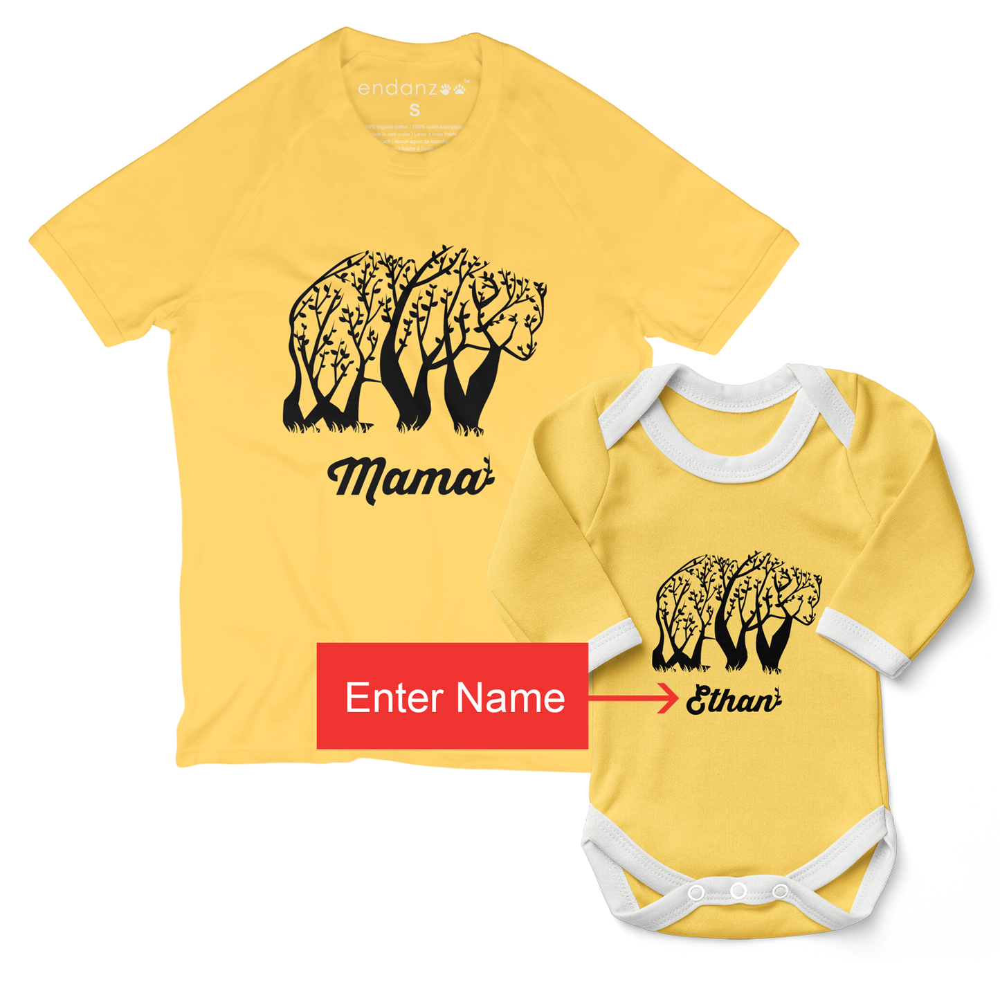 Personalized Matching Mom & Baby Organic Outfits - Tree Bear (Yellow)
