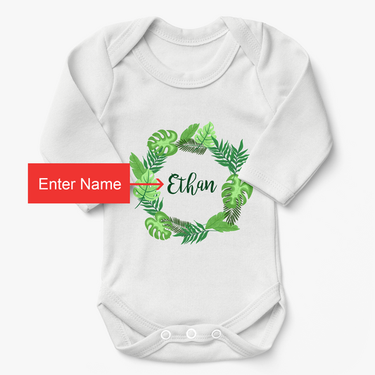 Personalized Organic Long Sleeve Baby Bodysuit - Tropical Leaves