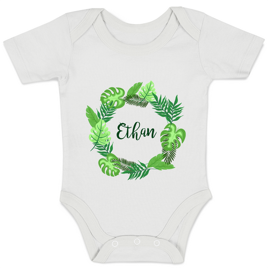 Personalized Organic Baby Bodysuit - Tropical Leaves (White / Short Sleeve)