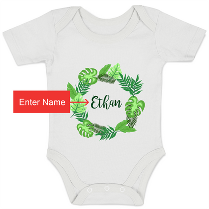 Personalized Organic Baby Bodysuit - Tropical Leaves (White / Short Sleeve)