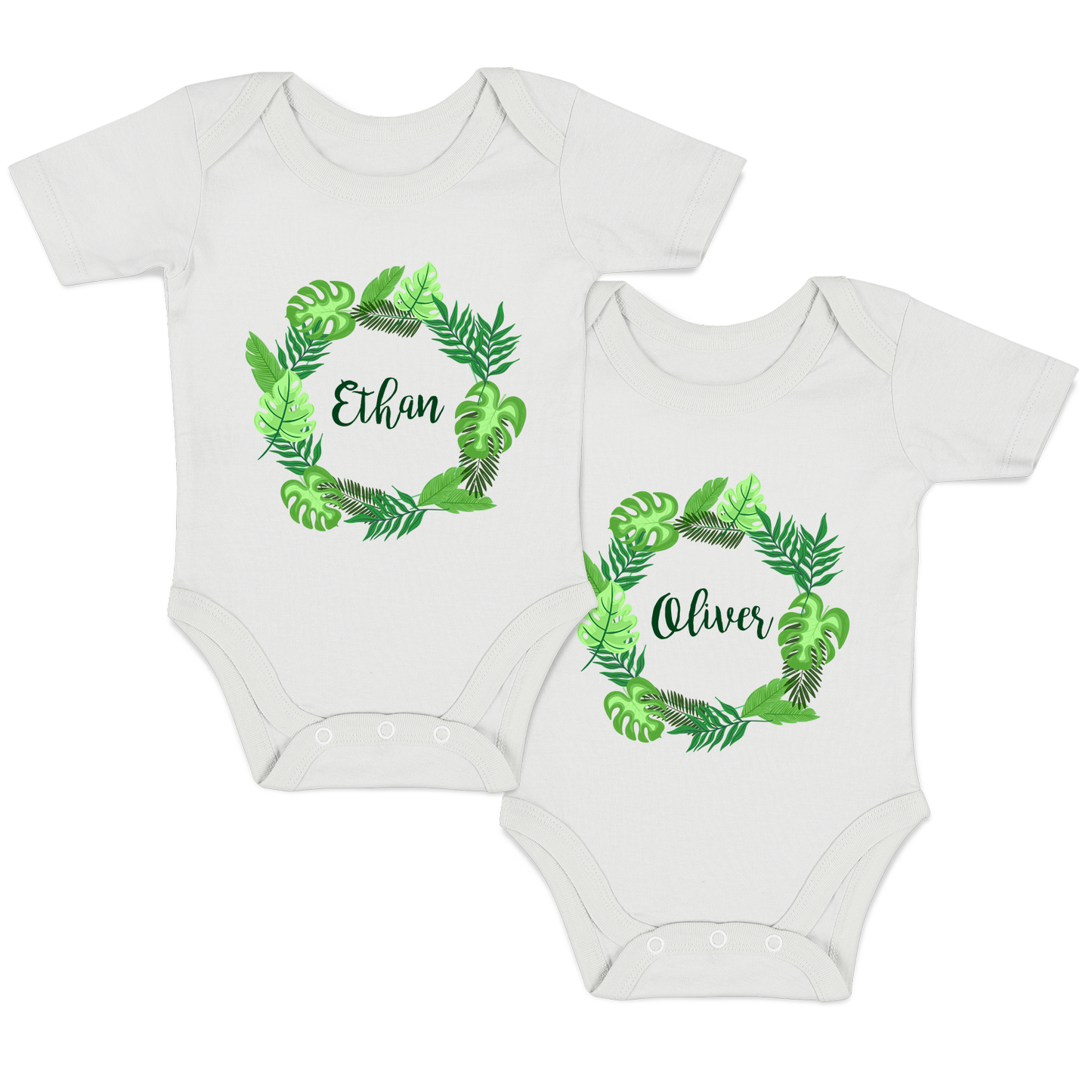 Personalized Organic Baby Bodysuit Set - TWIN Tropical Leaves (White & White)