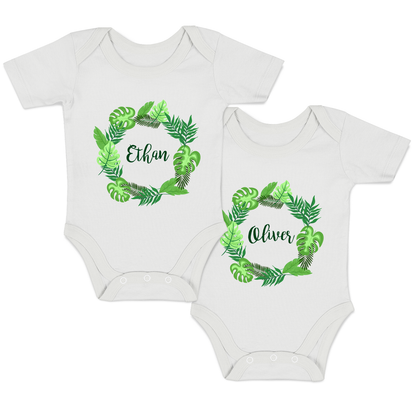 Personalized Organic Baby Bodysuit Set - TWIN Tropical Leaves (White & White)