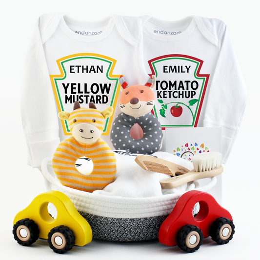 Zeronto Twin Baby Gift Basket - Little Ketchup & Mustard Cuties