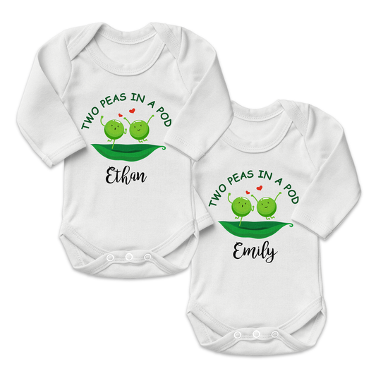 Personalized Organic Baby Bodysuit Set - Two Peas in a Pod (White & White)