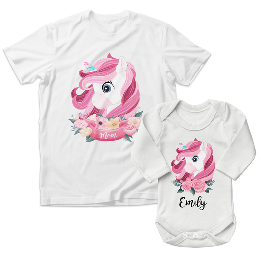 Personalized Matching Mom & Baby Organic Outfits - Unicorn Family (White)