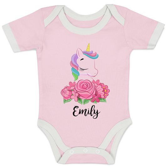 Personalized Organic Baby Bodysuit - Unicorn (Pink / Short Sleeve)