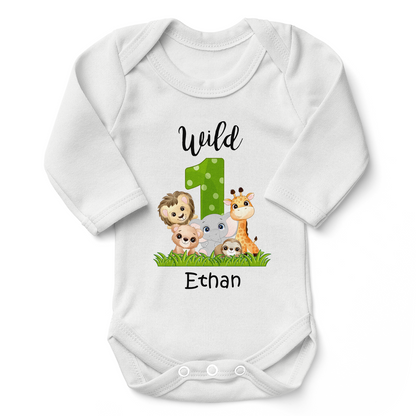 [Personalized] Endanzoo One Birthday Organic Baby Bodysuit - Wild 1 Jungle Animals
