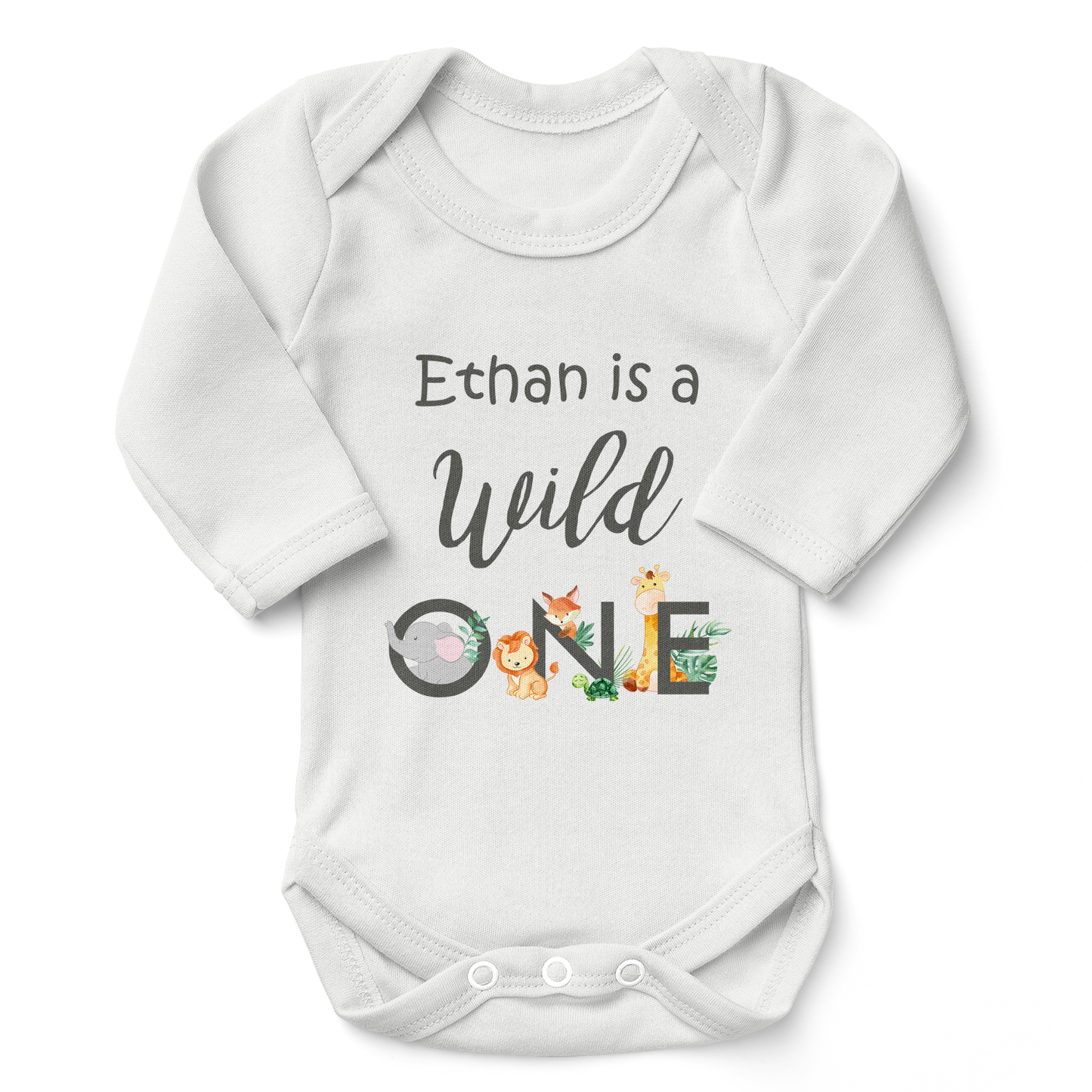 [Personalized] Wild ONE Safari Animals Organic Baby Bodysuit