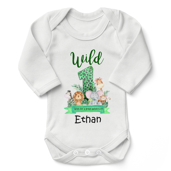 [Personalized] Endanzoo One Birthday Organic Baby Bodysuit - Wild ONE Animals Wish