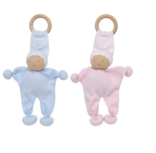 Under The Nile Organic Cotton Teether Toy with Wooden Ring - Blue and Pink (Twin Pack)