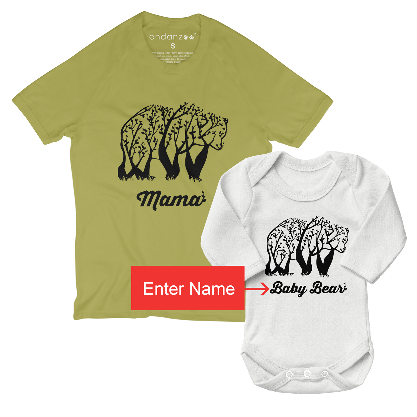 Personalized Matching Mom & Baby Organic Outfits - Tree Bear (Green)